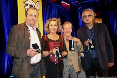Andreas Giebel, Michaela May, Bob Ross, Friedrich Ani (von li. nach re.), Verleihung der Poetentaler im Wirtshaus im Schlachthof in München  2018