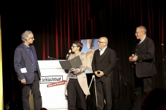 Friedrich Ani, Melanie Arzenheimer, Jürgen Kirner, Wolfgang Oppler (von li. nach re.), Verleihung der Poetentaler im Wirtshaus im Schlachthof in München  2018