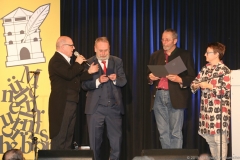 Jürgen Kirner, Ludwig Zehetner, Wolfgang Oppler, Melanie Arzenheimer (von li. nach re.), Verleihung der Poetentaler im Wirtshaus im Schlachthof 2019