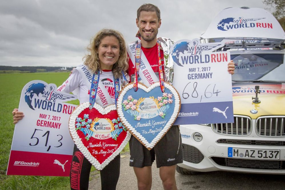 Sebastian Hallmann und Bianca Meyer gewinnen den Wings for Life World Run in Munich, Germany Copyright Foto Flo Hagena, Wings for Life World Run 
