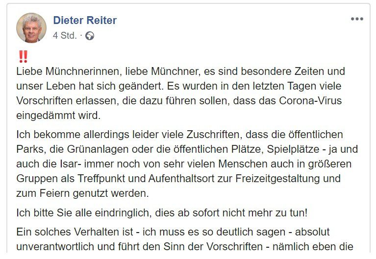 Coronakrise - OB Dieter Reiter appelliert auf Facebook