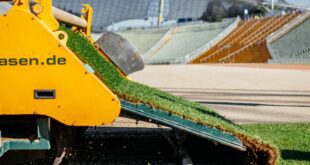 Neuer Rollrasen im Olympiastadion München verlegt